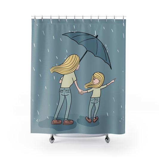 Warm Family Shower Curtain | Mother and Daughter Sharing an Umbrella in the Rain