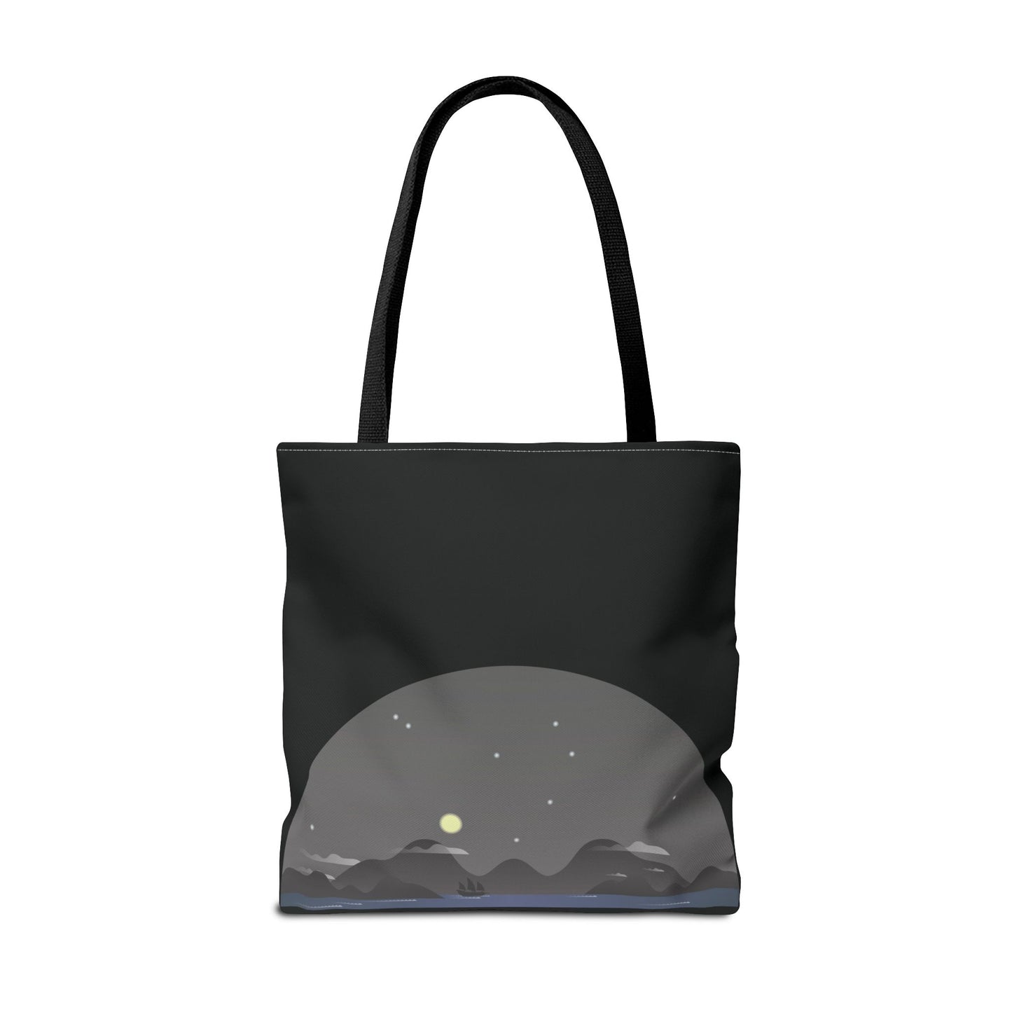 Midnight Voyage | Night Mountain Boat Landscape Tote Bag